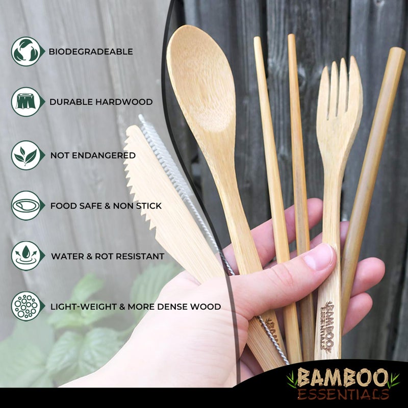 Bamboo Essentials Travel Utensils with Case Set Fork, Knife, Spoon, Chopsticks, Straw, Straw-cleaning brush, Travel Pouch and Carabiner, Excellent For Everyday Use! ((1Set) Midnight Black) - Image 3